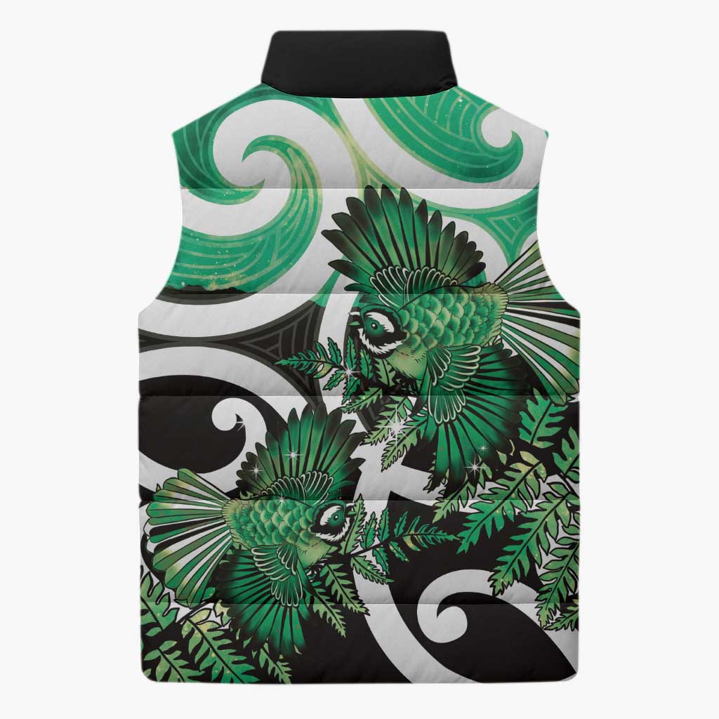 Piwakawaka New Zealand Matariki Sleeveless Puffer Jacket Maori New Year Silver Fern Green Galaxy LT14 - Polynesian Pride