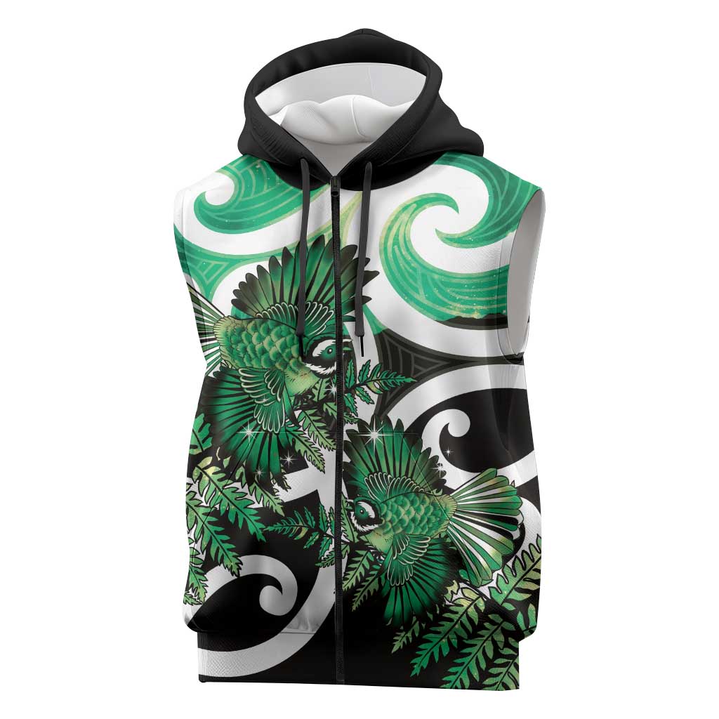Piwakawaka New Zealand Matariki Sleeveless Zip Hoodie Maori New Year Silver Fern Green Galaxy
