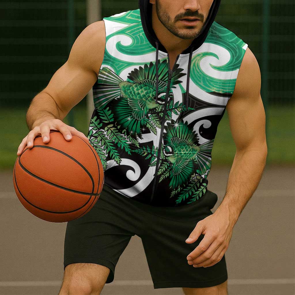 Piwakawaka New Zealand Matariki Sleeveless Zip Hoodie Maori New Year Silver Fern Green Galaxy LT14 - Polynesian Pride