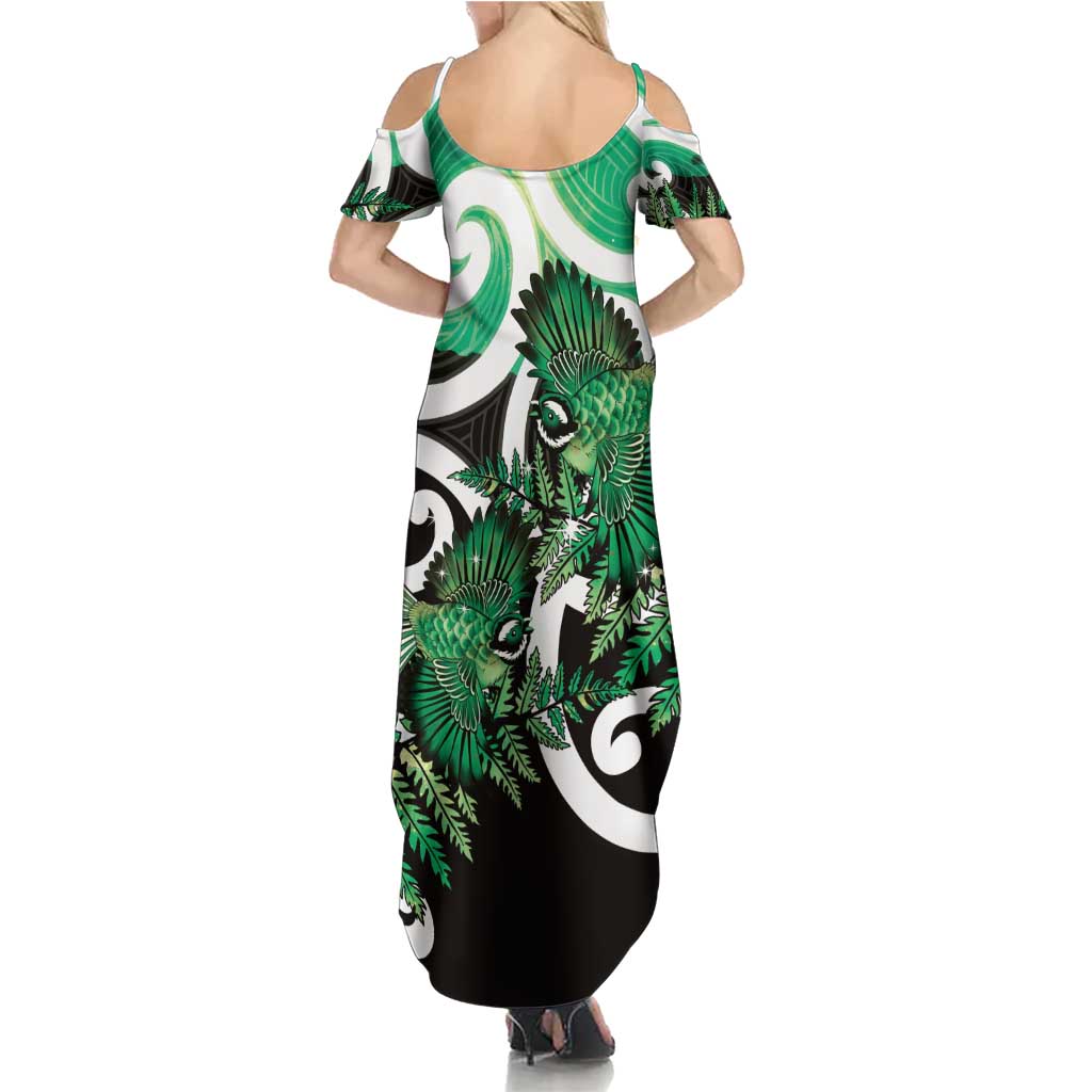 Piwakawaka New Zealand Matariki Summer Maxi Dress Maori New Year Silver Fern Green Galaxy LT14 - Polynesian Pride