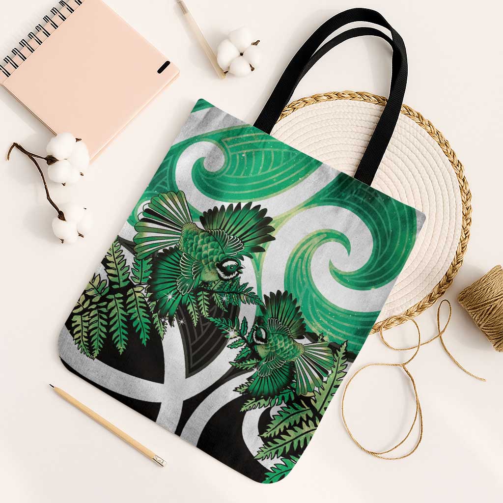 Piwakawaka New Zealand Matariki Tote Bag Maori New Year Silver Fern Green Galaxy LT14 Black Strap One Size Green - Polynesian Pride