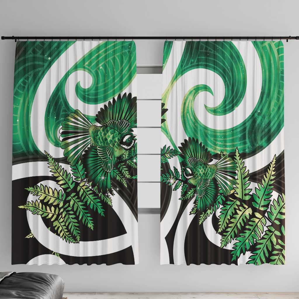 Piwakawaka New Zealand Matariki Window Curtain Maori New Year Silver Fern Green Galaxy LT14 With Hooks Green - Polynesian Pride