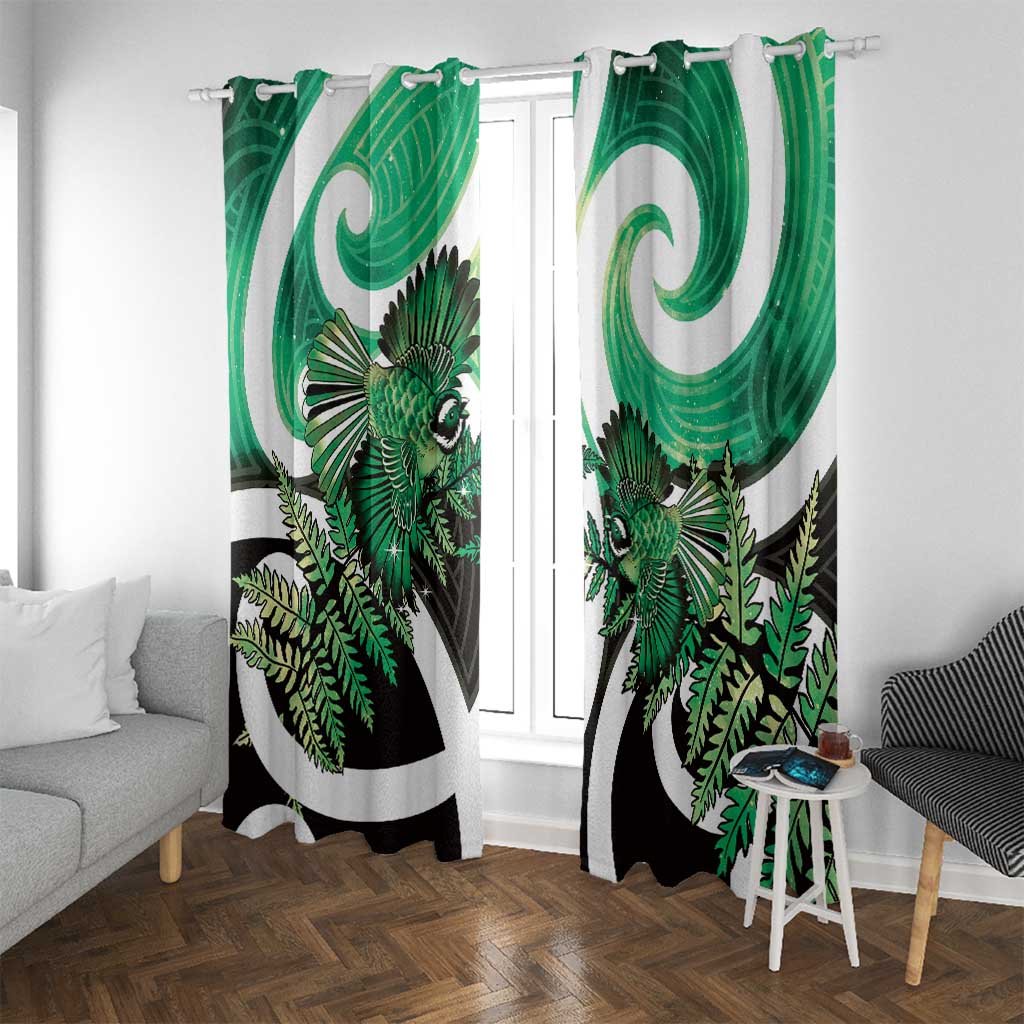 Piwakawaka New Zealand Matariki Window Curtain Maori New Year Silver Fern Green Galaxy LT14 With Grommets Green - Polynesian Pride