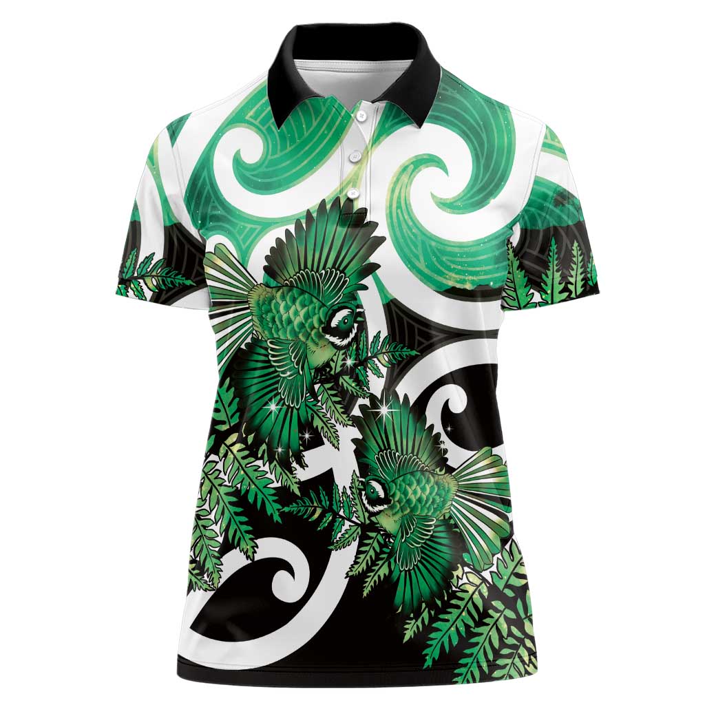 Piwakawaka New Zealand Matariki Women Polo Shirt Maori New Year Silver Fern Green Galaxy LT14 Female Green - Polynesian Pride