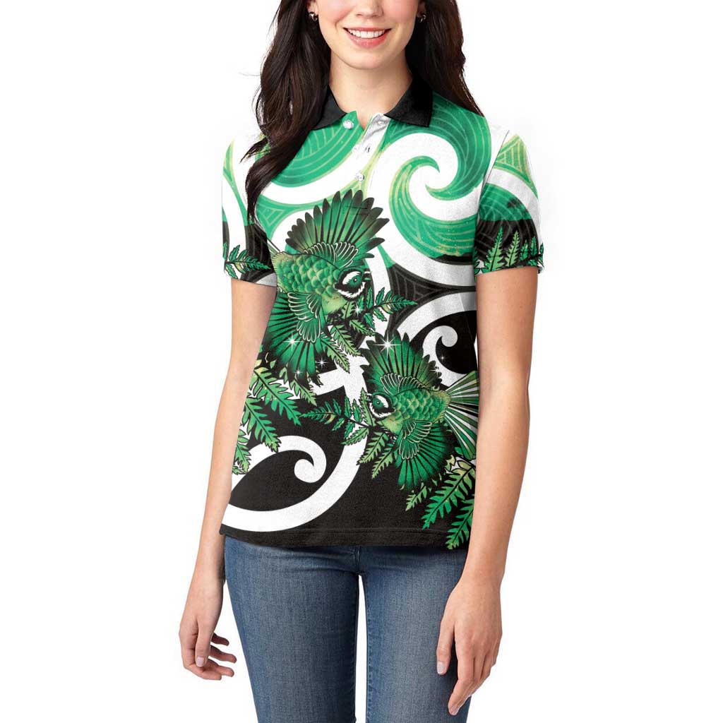 Piwakawaka New Zealand Matariki Women Polo Shirt Maori New Year Silver Fern Green Galaxy LT14 - Polynesian Pride