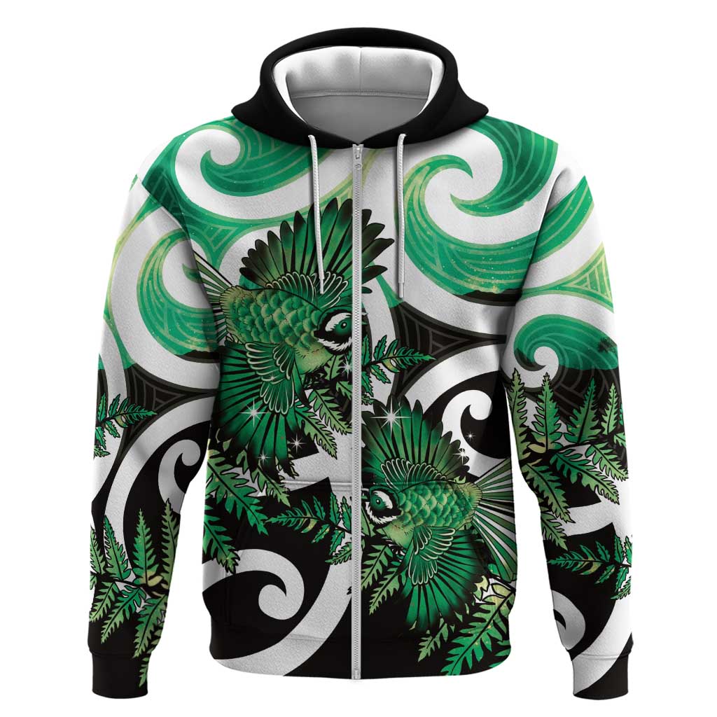 Piwakawaka New Zealand Matariki Zip Hoodie Maori New Year Silver Fern Green Galaxy