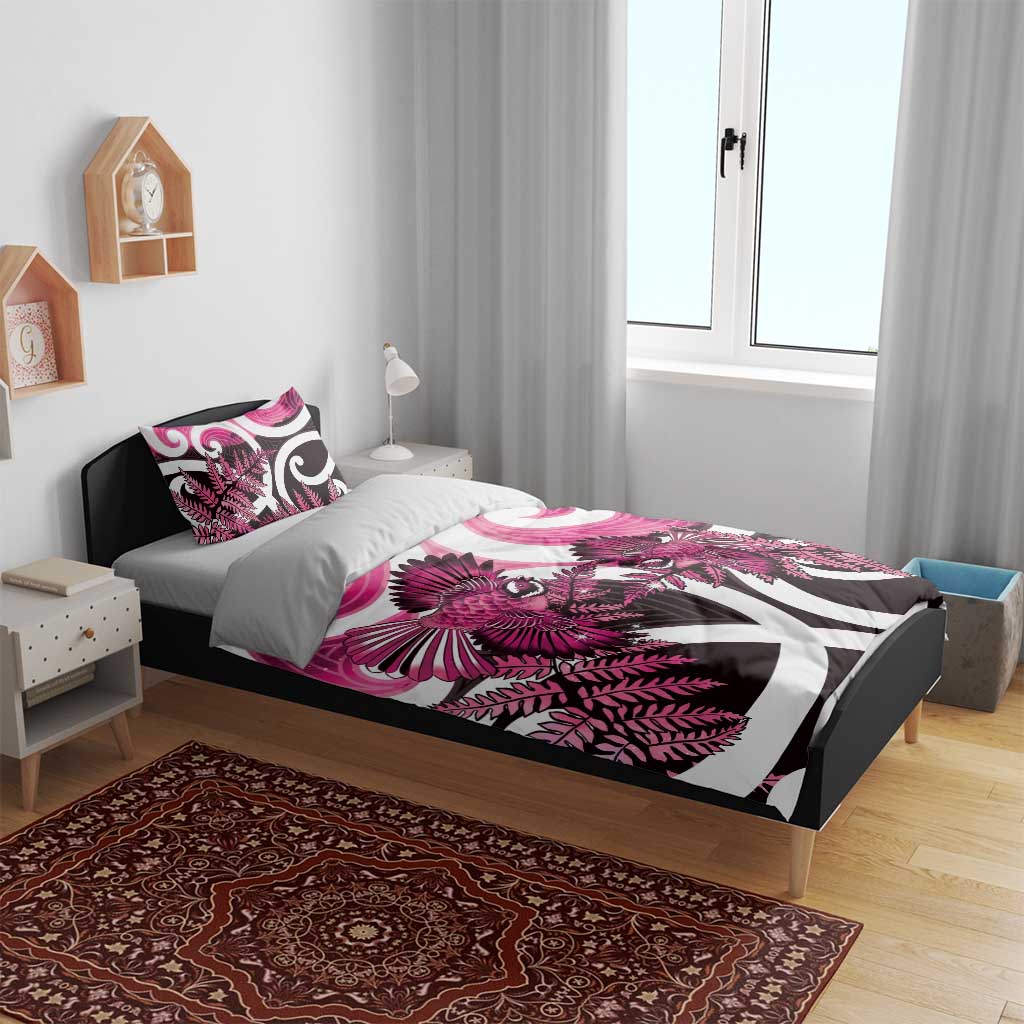 Piwakawaka New Zealand Matariki Bedding Set Maori New Year Silver Fern Pink Galaxy