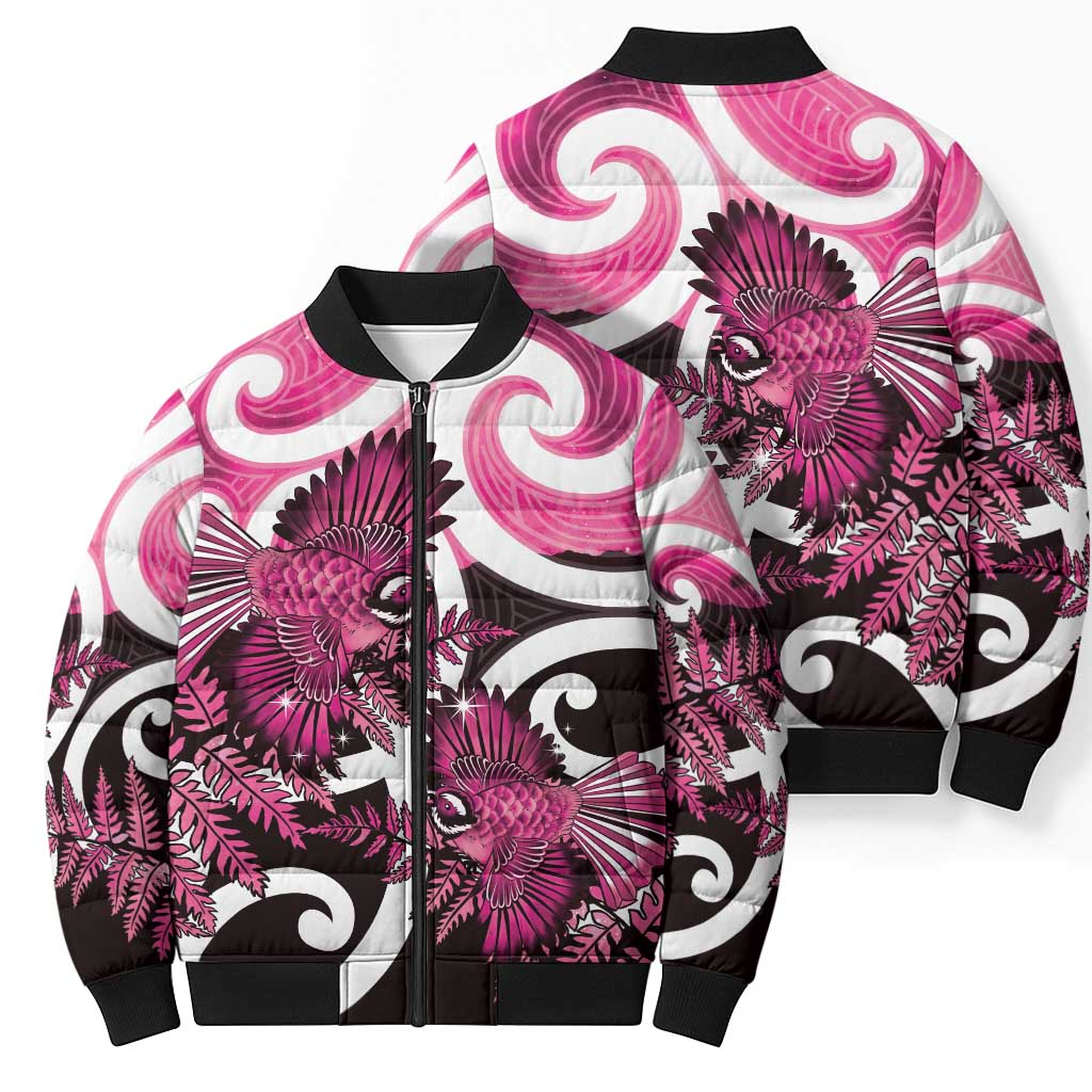 Piwakawaka New Zealand Matariki Bomber Puffer Jacket Maori New Year Silver Fern Pink Galaxy