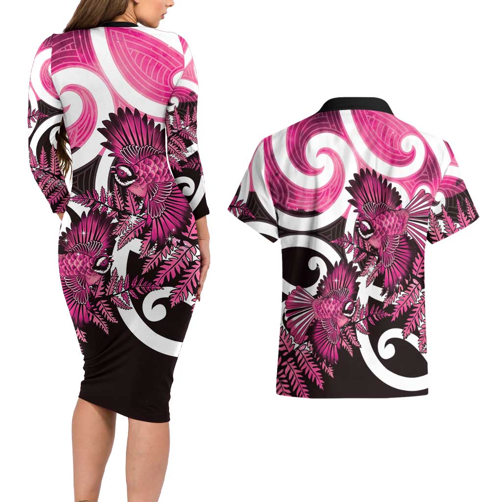 Piwakawaka New Zealand Matariki Couples Matching Long Sleeve Bodycon Dress and Hawaiian Shirt Maori New Year Silver Fern Pink Galaxy LT14 - Polynesian Pride