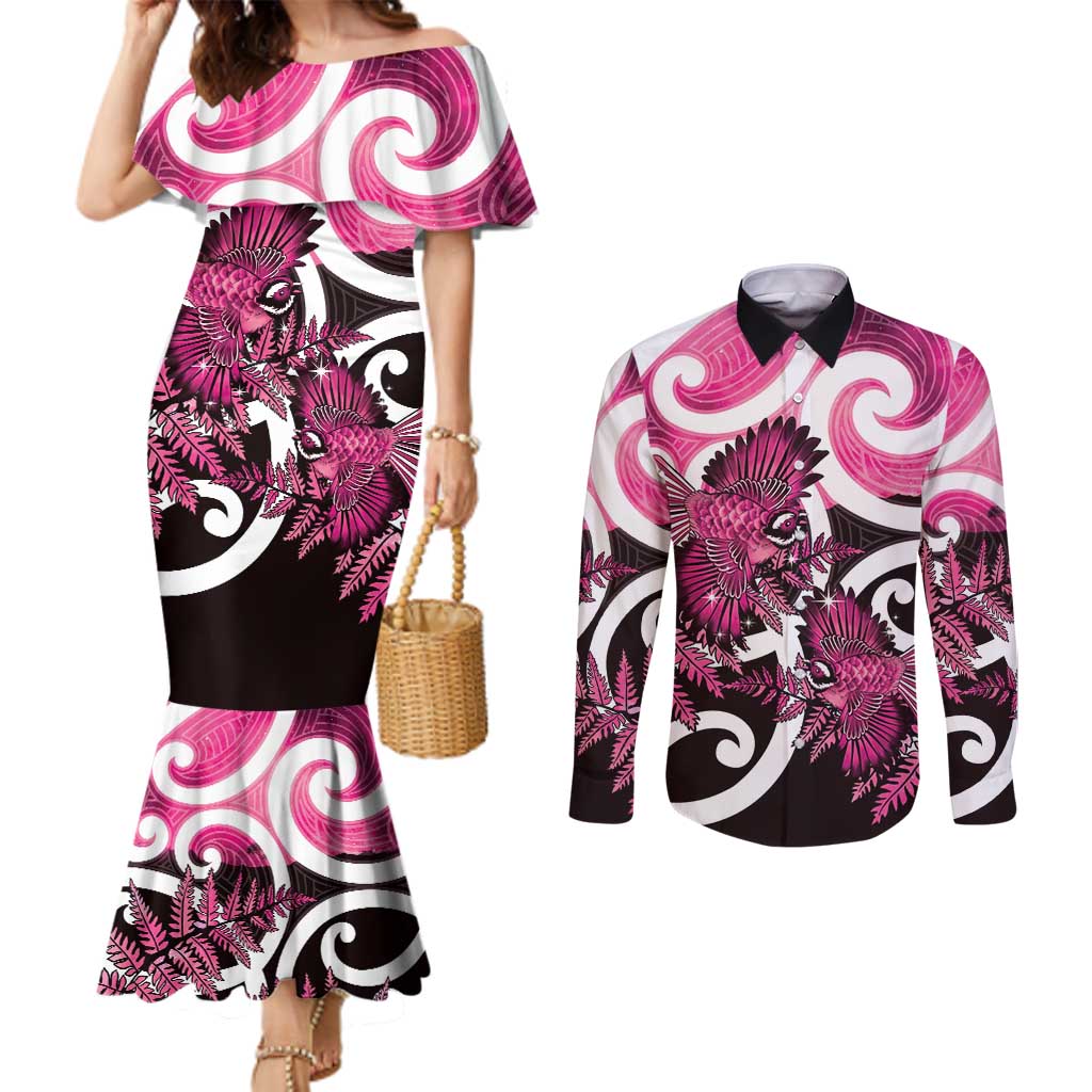 Piwakawaka New Zealand Matariki Couples Matching Mermaid Dress and Long Sleeve Button Shirt Maori New Year Silver Fern Pink Galaxy
