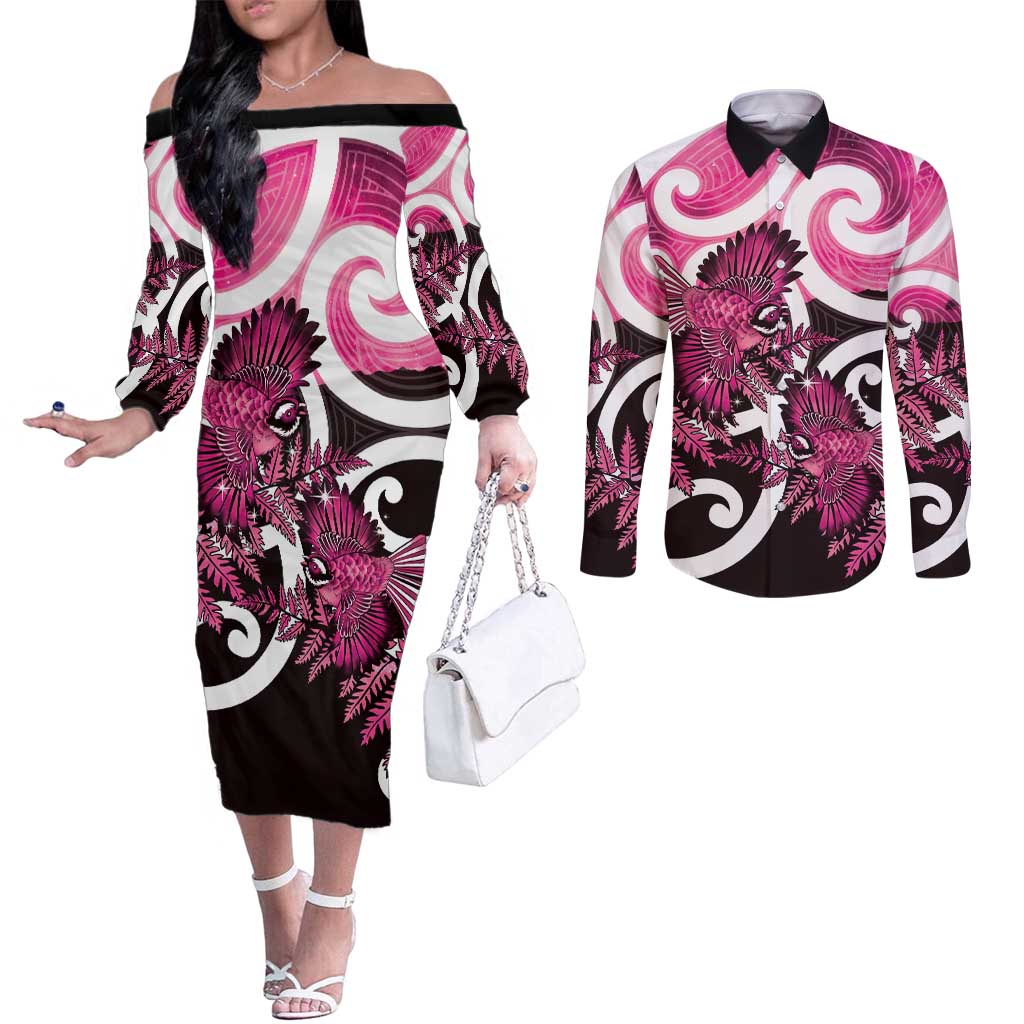 Piwakawaka New Zealand Matariki Couples Matching Off The Shoulder Long Sleeve Dress and Long Sleeve Button Shirt Maori New Year Silver Fern Pink Galaxy
