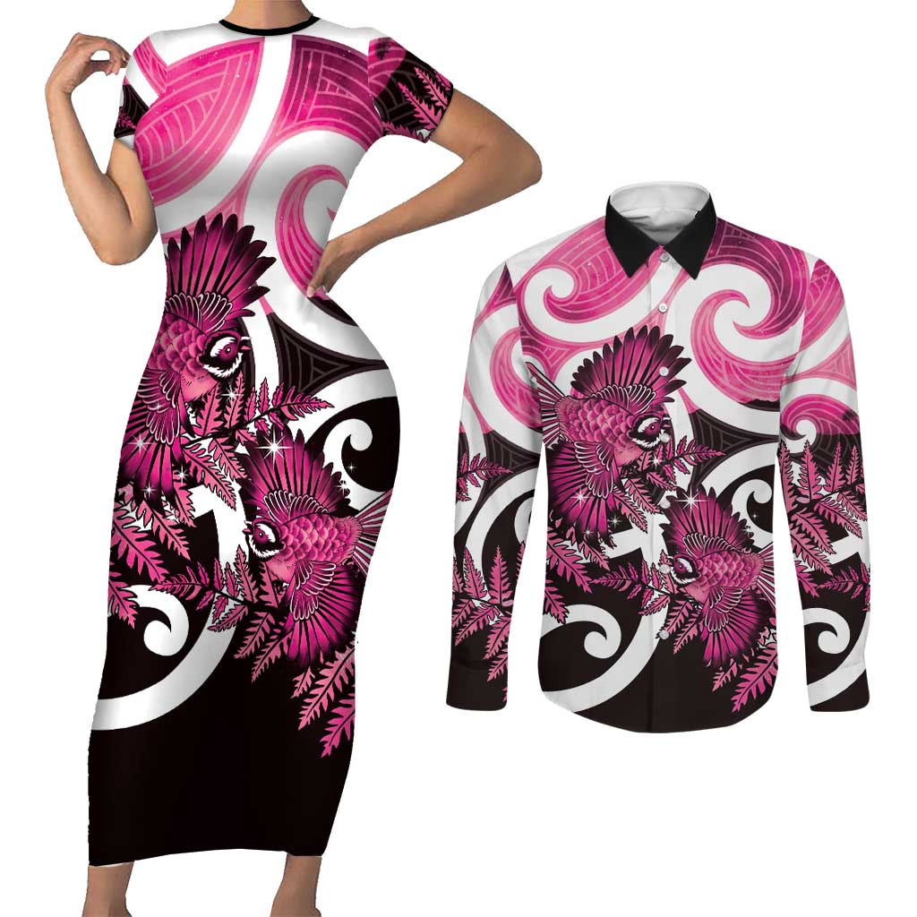 Piwakawaka New Zealand Matariki Couples Matching Short Sleeve Bodycon Dress and Long Sleeve Button Shirt Maori New Year Silver Fern Pink Galaxy LT14 Pink - Polynesian Pride