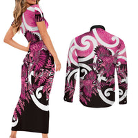 Piwakawaka New Zealand Matariki Couples Matching Short Sleeve Bodycon Dress and Long Sleeve Button Shirt Maori New Year Silver Fern Pink Galaxy LT14 - Polynesian Pride