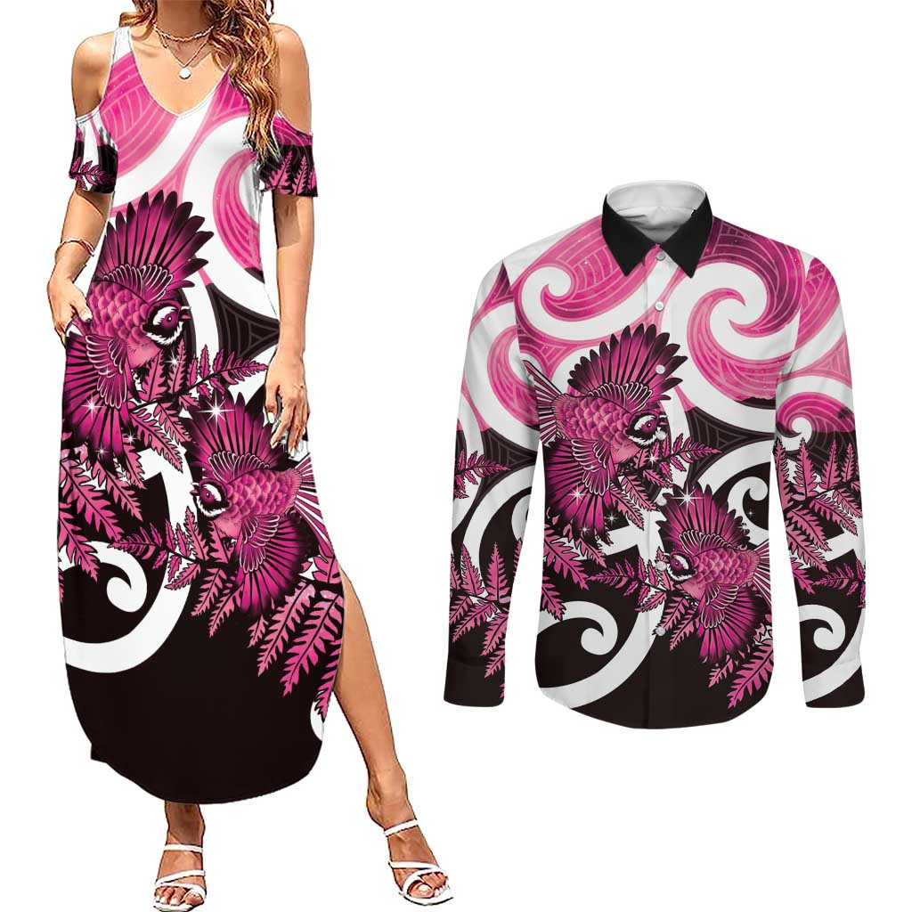 Piwakawaka New Zealand Matariki Couples Matching Summer Maxi Dress and Long Sleeve Button Shirt Maori New Year Silver Fern Pink Galaxy