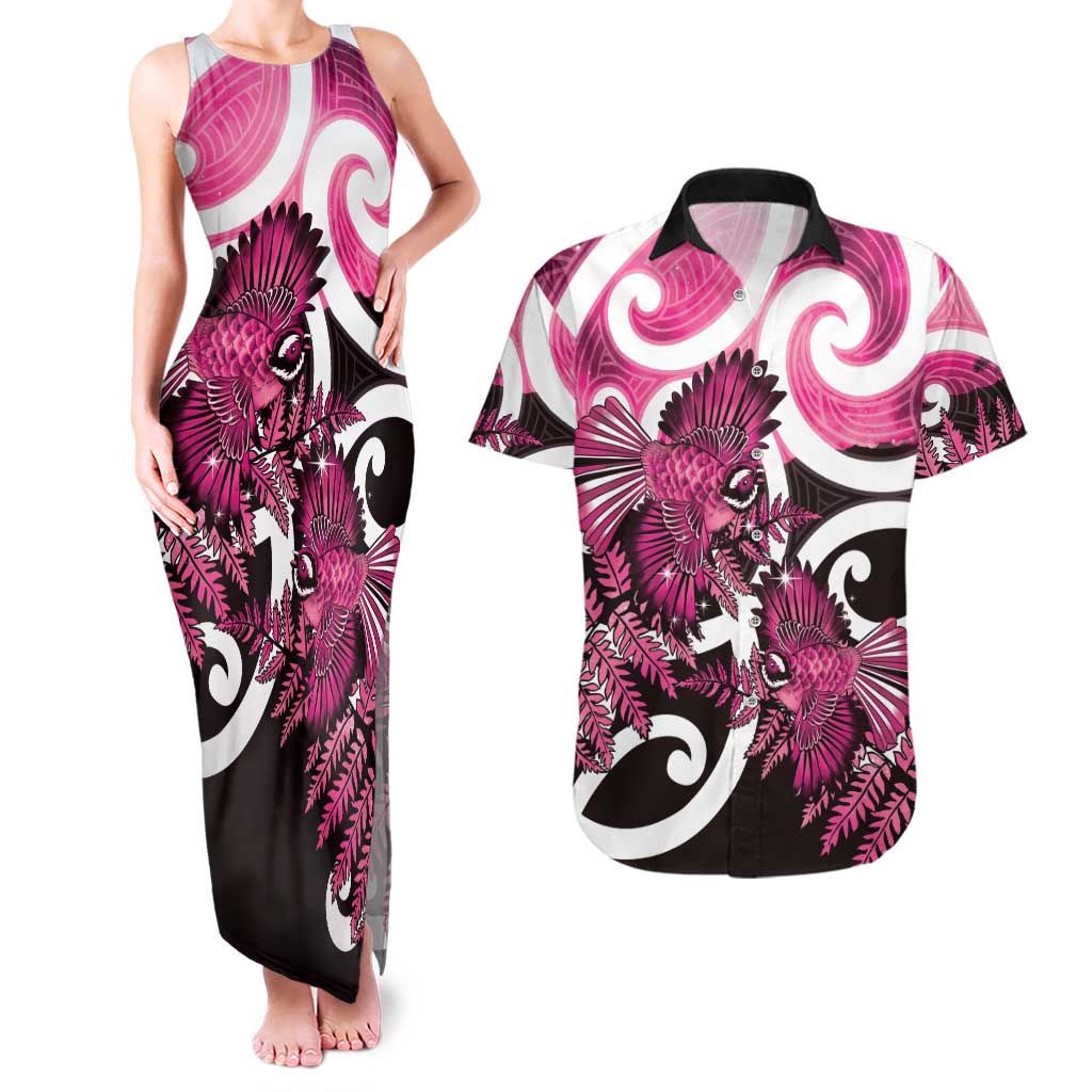 Piwakawaka New Zealand Matariki Couples Matching Tank Maxi Dress and Hawaiian Shirt Maori New Year Silver Fern Pink Galaxy
