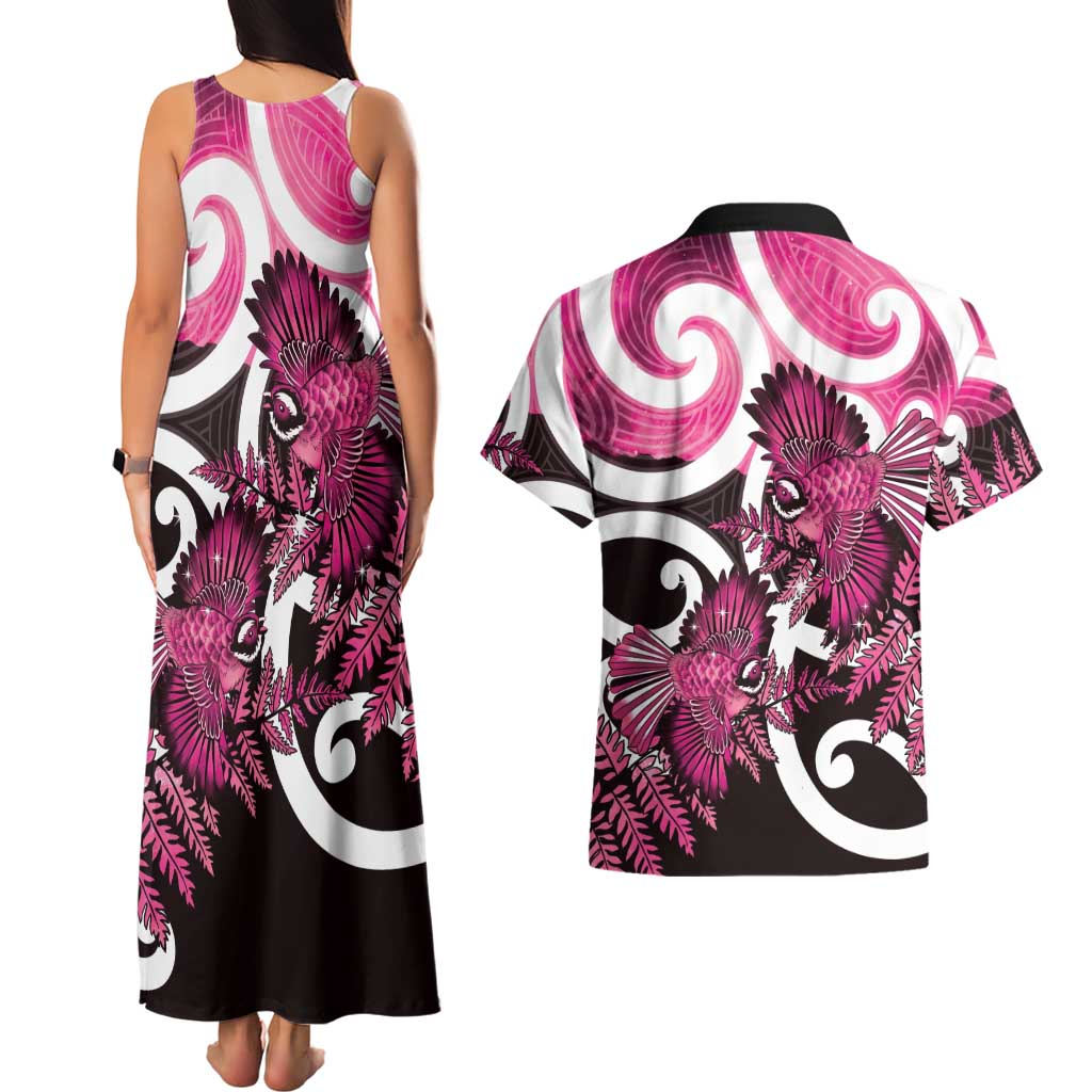 Piwakawaka New Zealand Matariki Couples Matching Tank Maxi Dress and Hawaiian Shirt Maori New Year Silver Fern Pink Galaxy LT14 - Polynesian Pride
