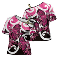 Piwakawaka New Zealand Matariki Cross Shoulder Shirt Maori New Year Silver Fern Pink Galaxy