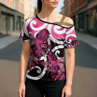 Piwakawaka New Zealand Matariki Cross Shoulder Shirt Maori New Year Silver Fern Pink Galaxy