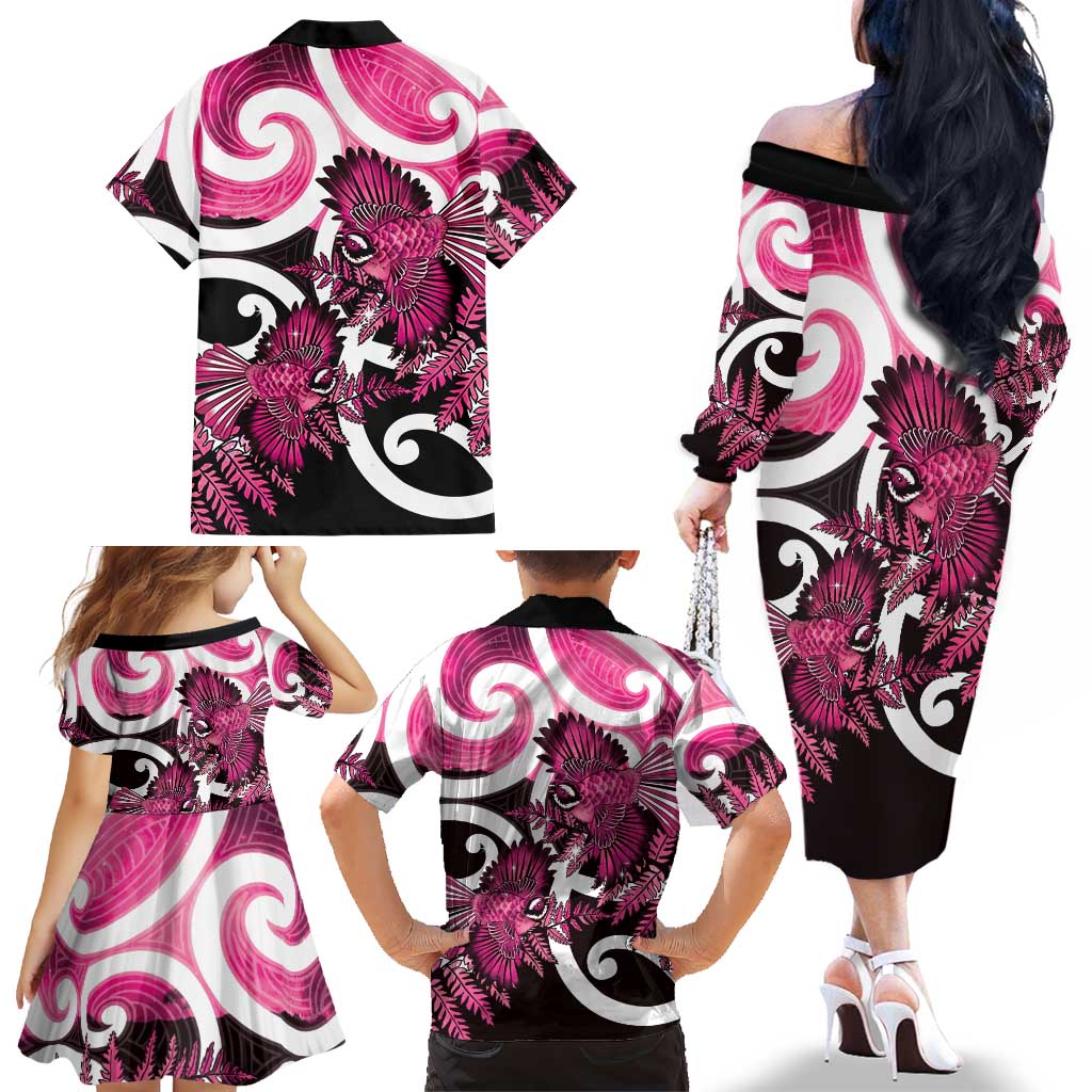 Piwakawaka New Zealand Matariki Family Matching Off The Shoulder Long Sleeve Dress and Hawaiian Shirt Maori New Year Silver Fern Pink Galaxy LT14 - Polynesian Pride