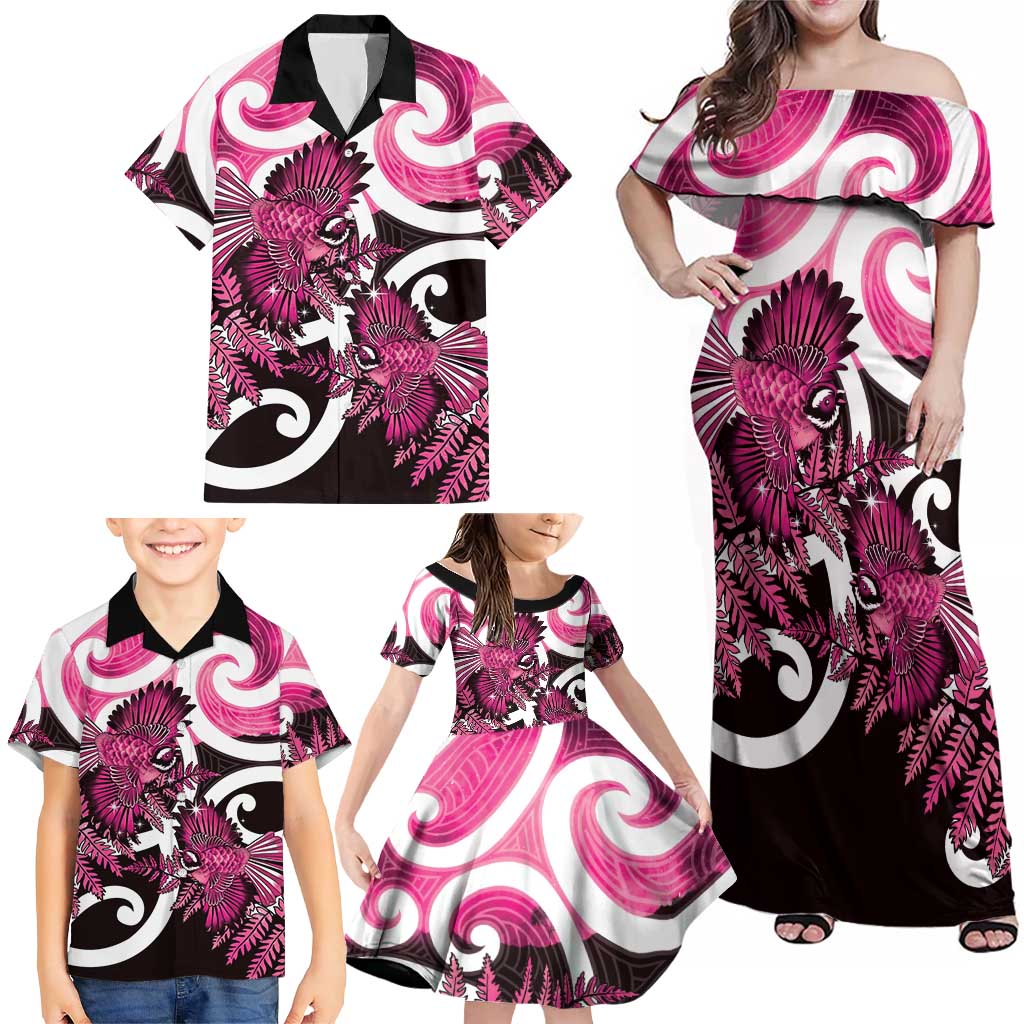 Piwakawaka New Zealand Matariki Family Matching Off Shoulder Maxi Dress and Hawaiian Shirt Maori New Year Silver Fern Pink Galaxy LT14 - Polynesian Pride