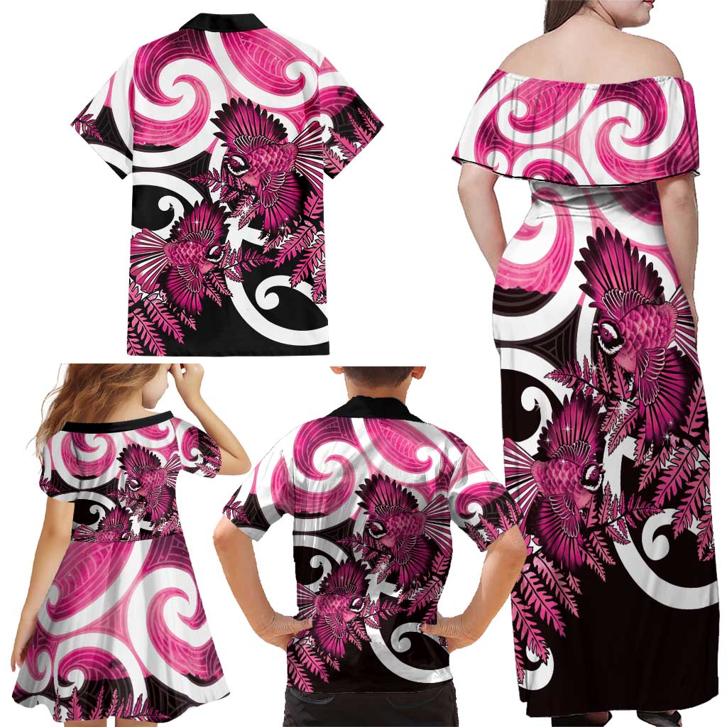 Piwakawaka New Zealand Matariki Family Matching Off Shoulder Maxi Dress and Hawaiian Shirt Maori New Year Silver Fern Pink Galaxy LT14 - Polynesian Pride