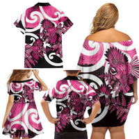 Piwakawaka New Zealand Matariki Family Matching Off Shoulder Short Dress and Hawaiian Shirt Maori New Year Silver Fern Pink Galaxy LT14 - Polynesian Pride