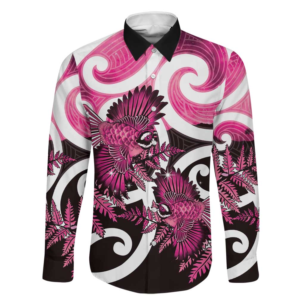 Piwakawaka New Zealand Matariki Family Matching Off Shoulder Short Dress and Hawaiian Shirt Maori New Year Silver Fern Pink Galaxy LT14 Dad's Shirt - Long Sleeve Pink - Polynesian Pride