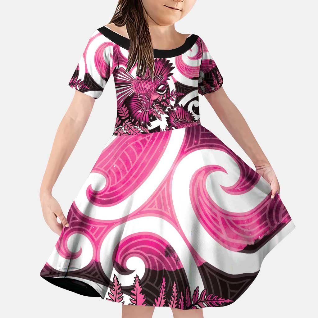 Piwakawaka New Zealand Matariki Family Matching Puletasi and Hawaiian Shirt Maori New Year Silver Fern Pink Galaxy LT14 Daughter's Dress Pink - Polynesian Pride