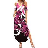 Piwakawaka New Zealand Matariki Family Matching Summer Maxi Dress and Hawaiian Shirt Maori New Year Silver Fern Pink Galaxy LT14 Mom's Dress Pink - Polynesian Pride