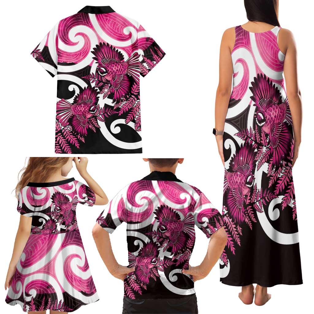 Piwakawaka New Zealand Matariki Family Matching Tank Maxi Dress and Hawaiian Shirt Maori New Year Silver Fern Pink Galaxy LT14 - Polynesian Pride