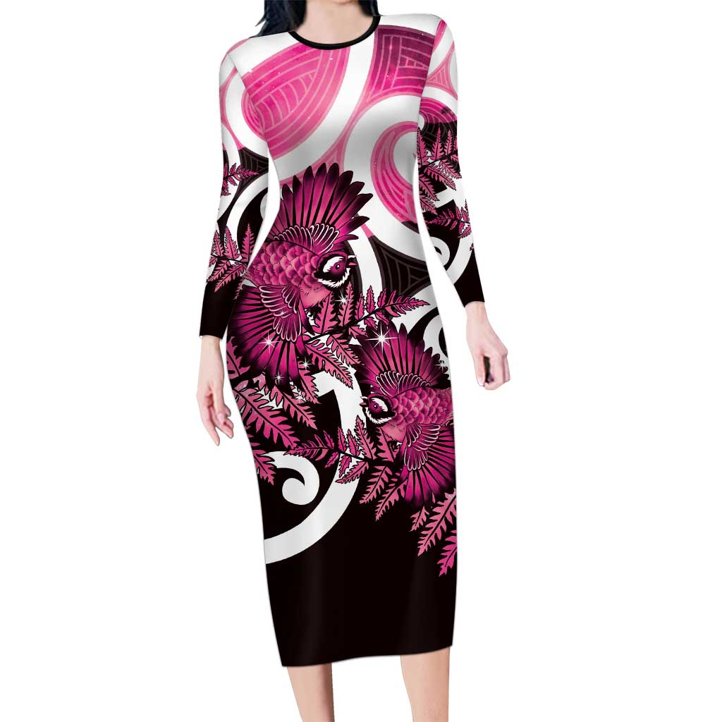 Piwakawaka New Zealand Matariki Long Sleeve Bodycon Dress Maori New Year Silver Fern Pink Galaxy