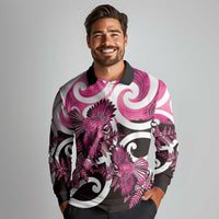 Piwakawaka New Zealand Matariki Long Sleeve Polo Shirt Maori New Year Silver Fern Pink Galaxy LT14 - Polynesian Pride