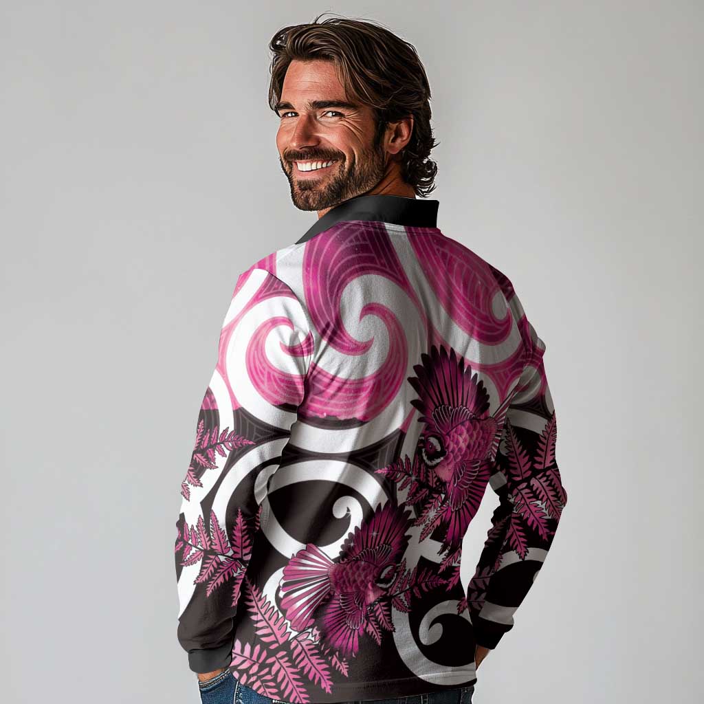 Piwakawaka New Zealand Matariki Long Sleeve Polo Shirt Maori New Year Silver Fern Pink Galaxy LT14 - Polynesian Pride