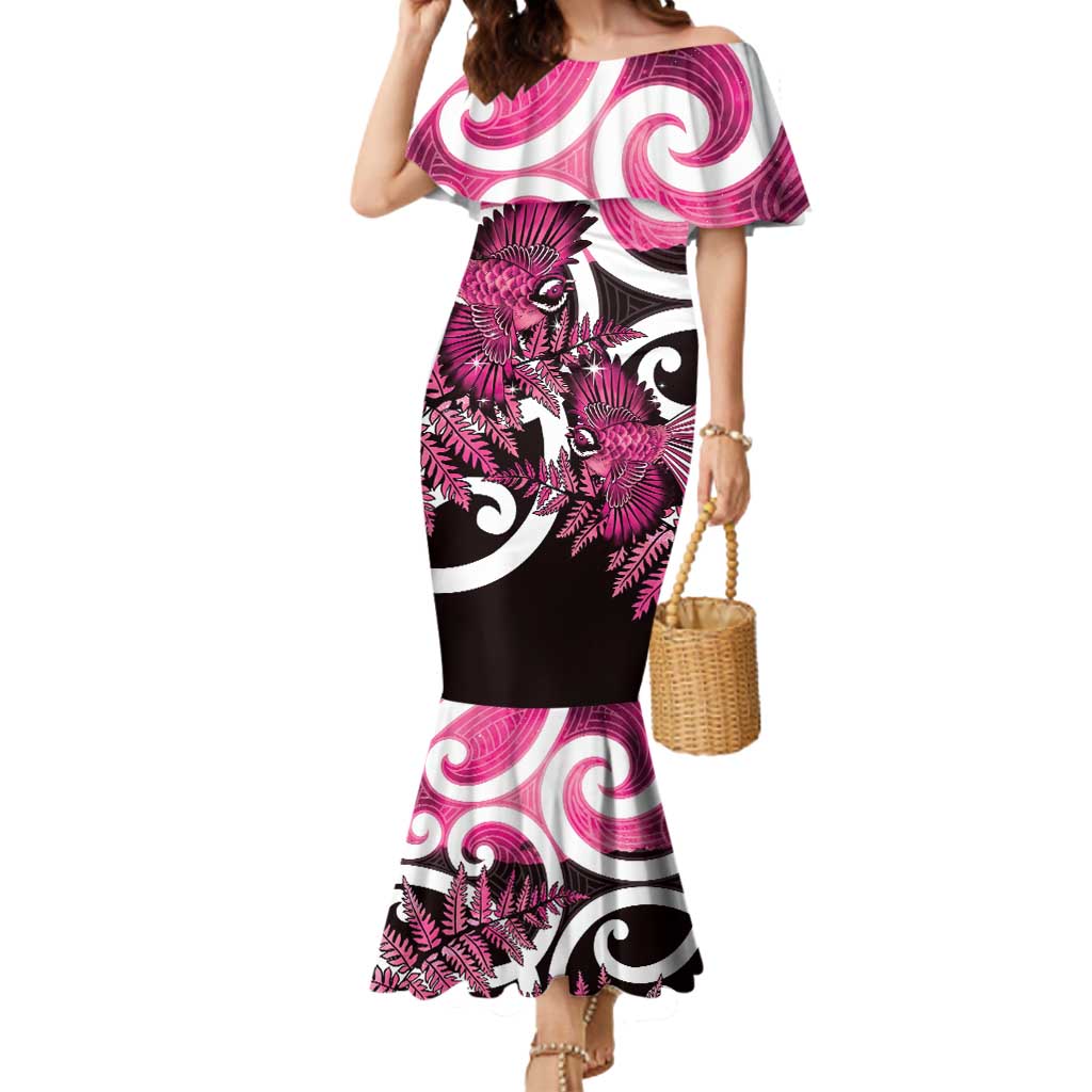 Piwakawaka New Zealand Matariki Mermaid Dress Maori New Year Silver Fern Pink Galaxy