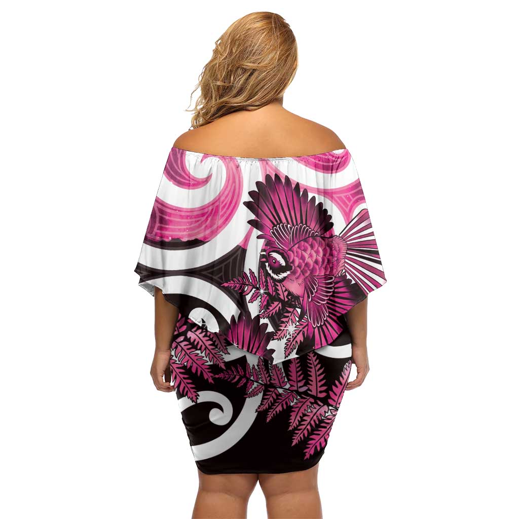 Piwakawaka New Zealand Matariki Off Shoulder Short Dress Maori New Year Silver Fern Pink Galaxy LT14 - Polynesian Pride