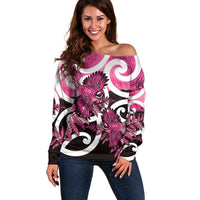 Piwakawaka New Zealand Matariki Off Shoulder Sweater Maori New Year Silver Fern Pink Galaxy LT14 Women Pink - Polynesian Pride