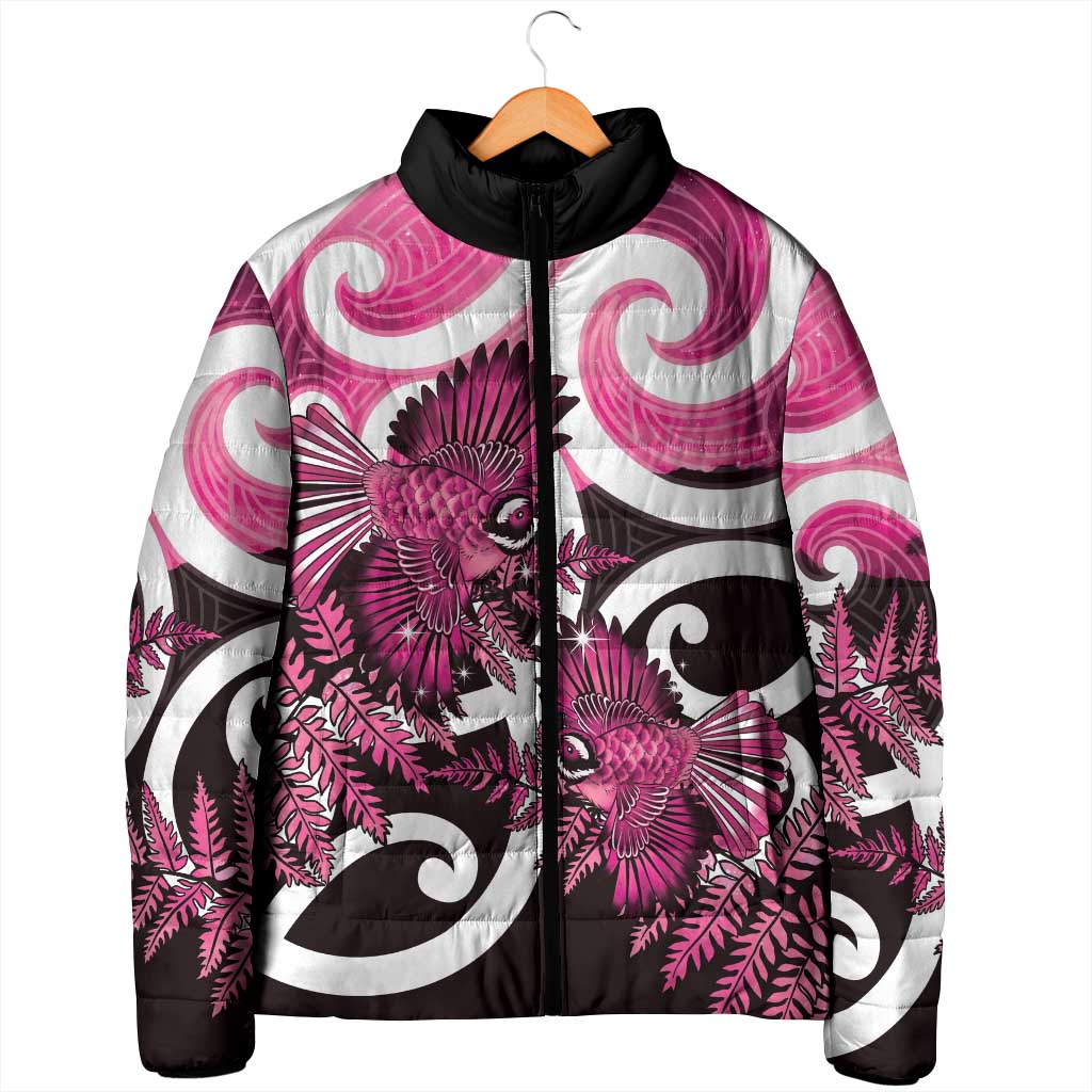 Piwakawaka New Zealand Matariki Padded Jacket Maori New Year Silver Fern Pink Galaxy