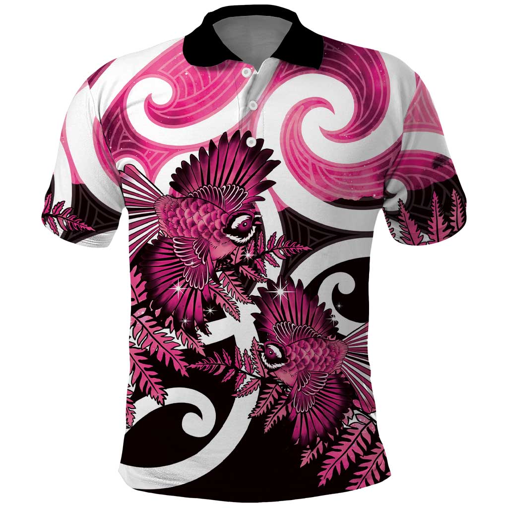 Piwakawaka New Zealand Matariki Polo Shirt Maori New Year Silver Fern Pink Galaxy LT14 Pink - Polynesian Pride