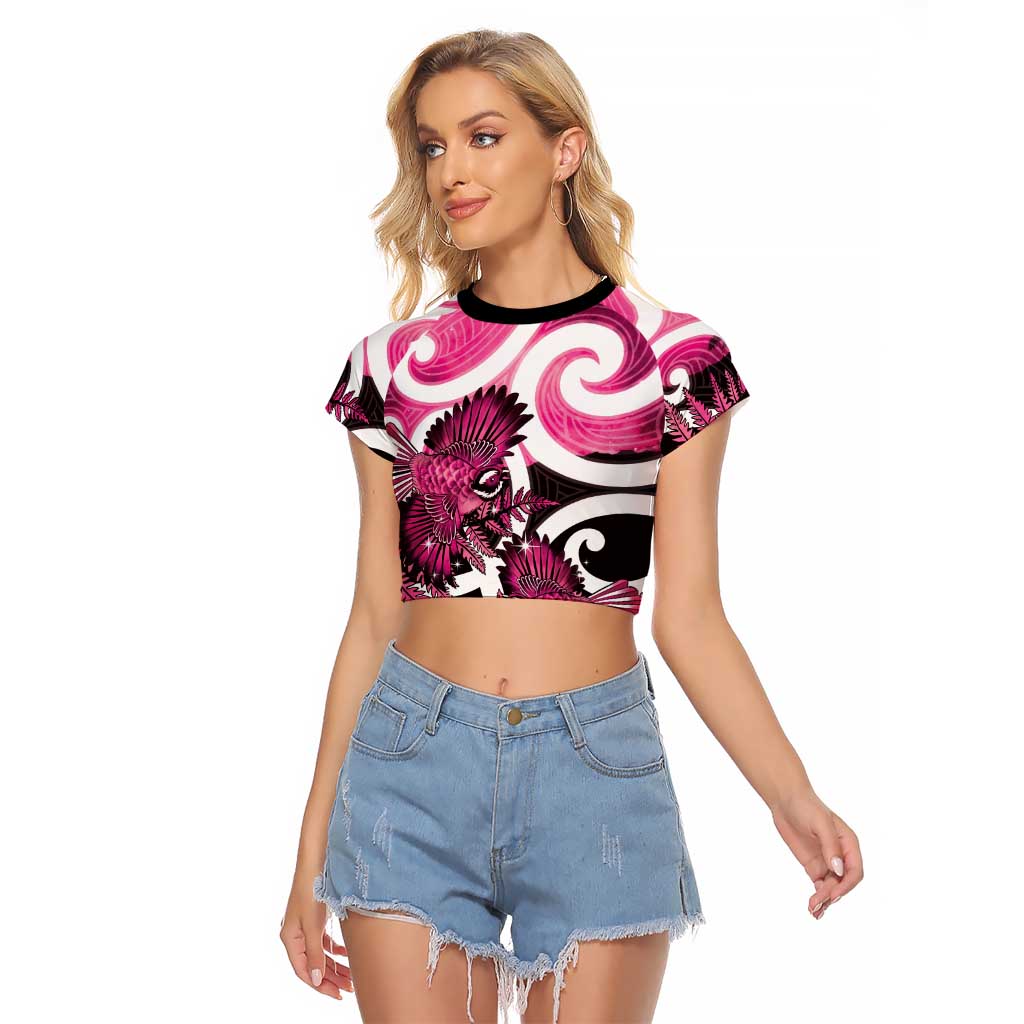 Piwakawaka New Zealand Matariki Raglan Cropped T Shirt Maori New Year Silver Fern Pink Galaxy
