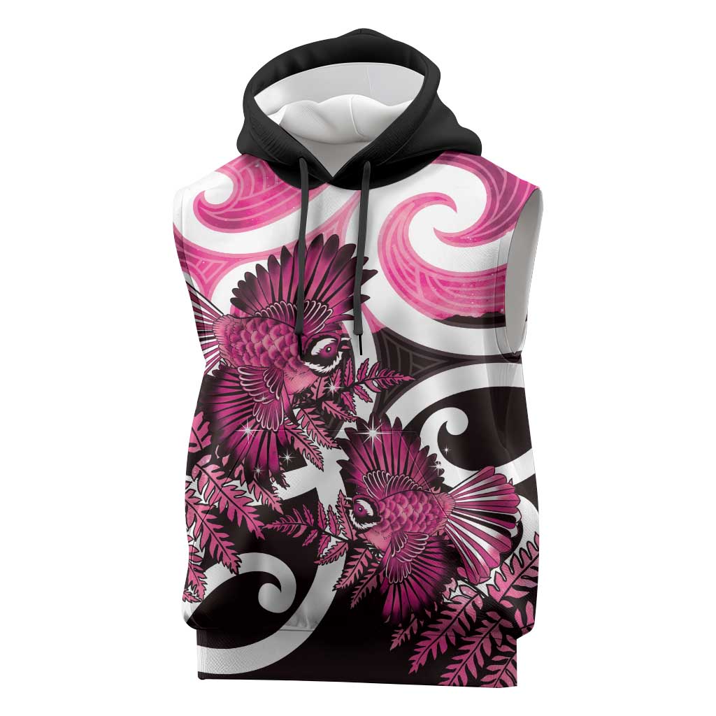 Piwakawaka New Zealand Matariki Sleeveless Hoodie Maori New Year Silver Fern Pink Galaxy LT14 Pink - Polynesian Pride
