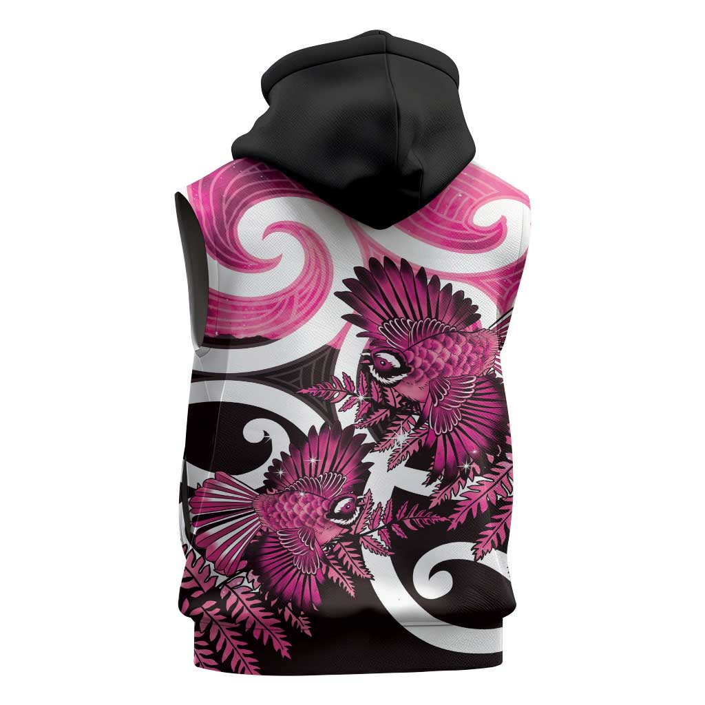Piwakawaka New Zealand Matariki Sleeveless Hoodie Maori New Year Silver Fern Pink Galaxy LT14 - Polynesian Pride