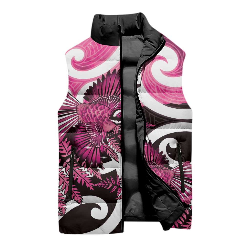 Piwakawaka New Zealand Matariki Sleeveless Puffer Jacket Maori New Year Silver Fern Pink Galaxy