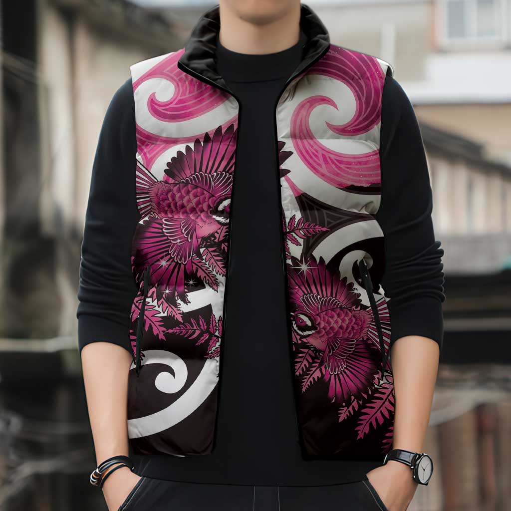 Piwakawaka New Zealand Matariki Sleeveless Puffer Jacket Maori New Year Silver Fern Pink Galaxy