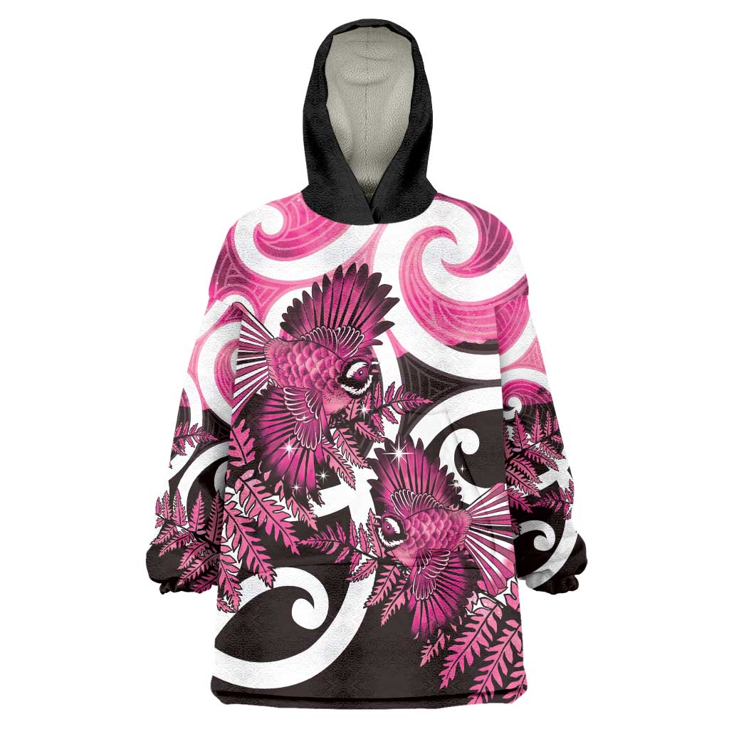 Piwakawaka New Zealand Matariki Wearable Blanket Hoodie Maori New Year Silver Fern Pink Galaxy