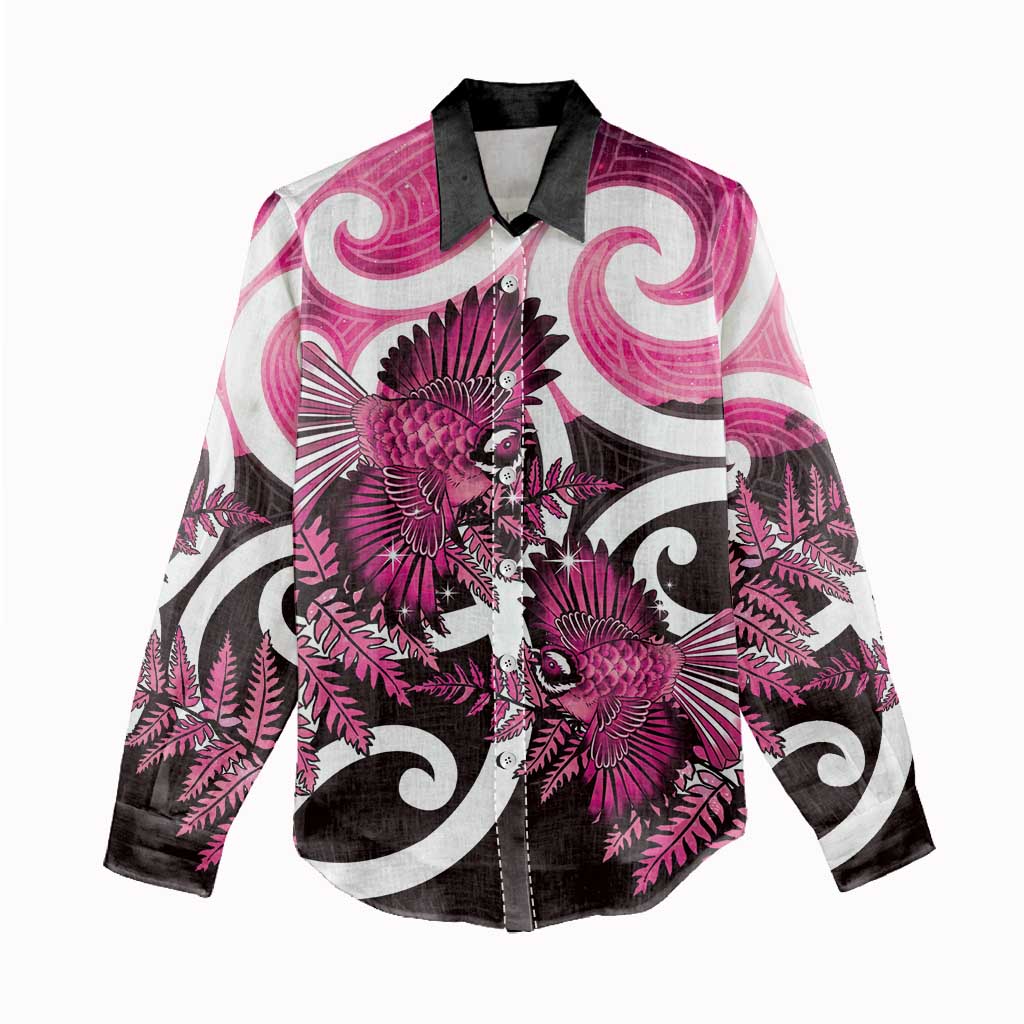 Piwakawaka New Zealand Matariki Women Casual Shirt Maori New Year Silver Fern Pink Galaxy