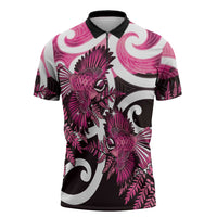 Piwakawaka New Zealand Matariki Zipper Polo Shirt Maori New Year Silver Fern Pink Galaxy LT14 Pink - Polynesian Pride