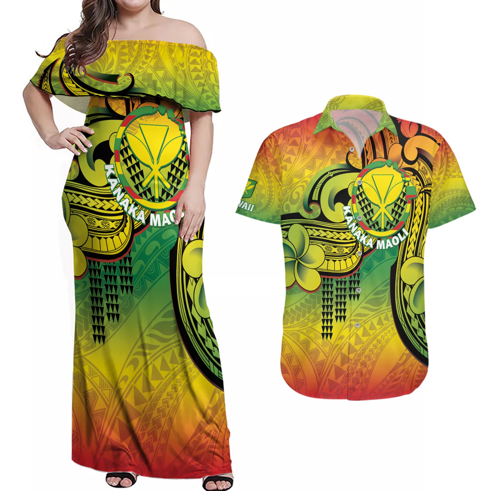 Hawaii Flag Day Couples Matching Off Shoulder Maxi Dress and Hawaiian Shirt Kanaka Maoli With Kakau Polynesian Pattern LT14