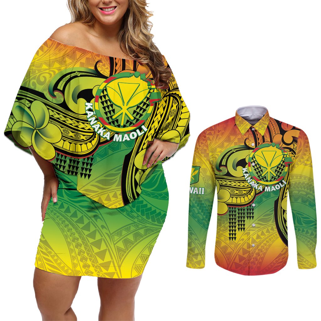 Hawaii Flag Day Couples Matching Off Shoulder Short Dress and Long Sleeve Button Shirt Kanaka Maoli With Kakau Polynesian Pattern LT14