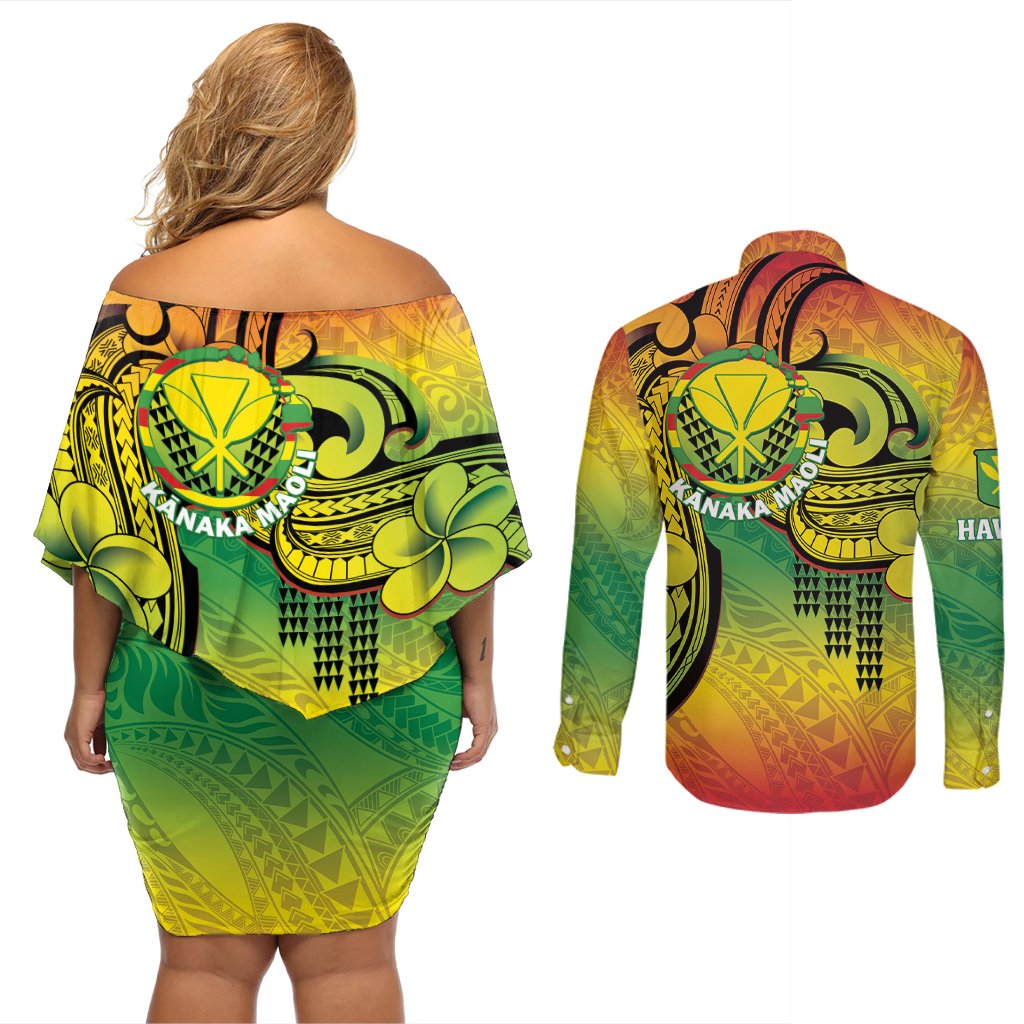 Hawaii Flag Day Couples Matching Off Shoulder Short Dress and Long Sleeve Button Shirt Kanaka Maoli With Kakau Polynesian Pattern LT14