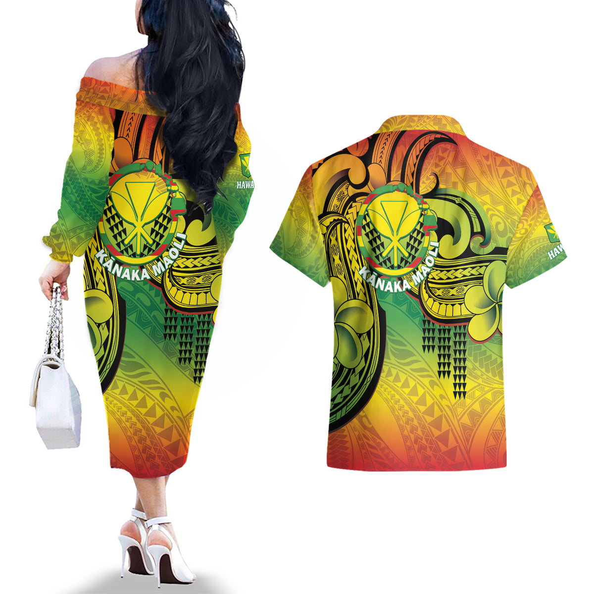 Hawaii Flag Day Couples Matching Off The Shoulder Long Sleeve Dress and Hawaiian Shirt Kanaka Maoli With Kakau Polynesian Pattern LT14 - Polynesian Pride